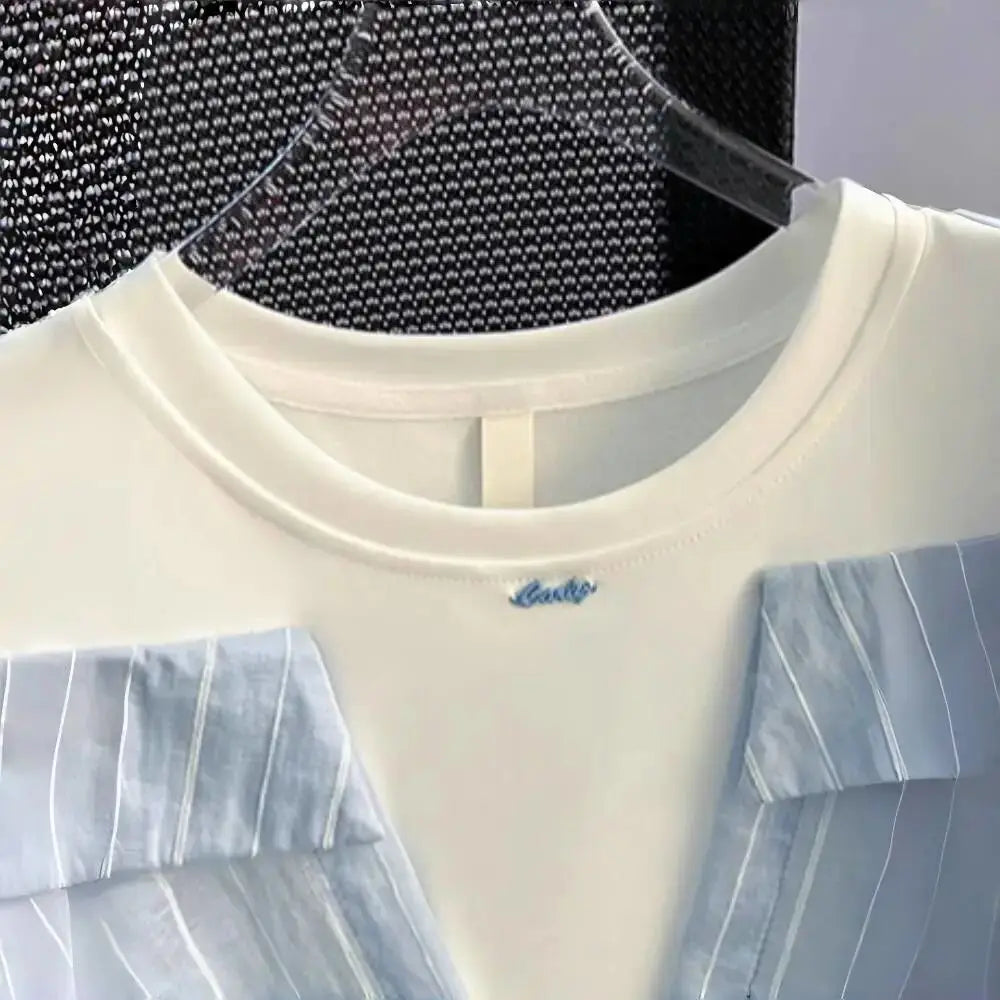 Girls' Western style loose fitting shirt new children's off shoulder top T-shirt fake two-piece top