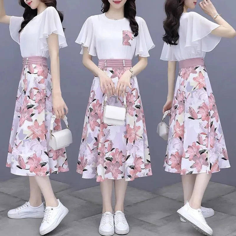 Floral Print Chiffon Dr Set Women's Summer Faion Slimming ular f-length Skirt Two-piece Set round Ne ort Sve