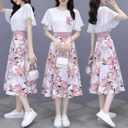 Floral Print Chiffon Dr Set Women's Summer Faion Slimming ular f-length Skirt Two-piece Set round Ne ort Sve