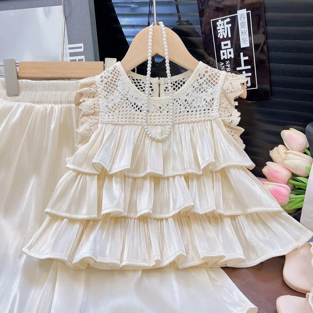Bear Leader Summer Korean Version Girl Suits Flying Sleeve Round Neck Doll Shirt + wide Leg Pants 2-Pcs Set Kids Clothing