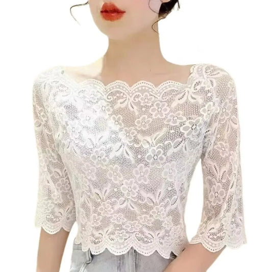New One-word Collar Women Cropped Tops See-through Embroidery Half Sleeve Blouse Lace Pullover Tops Ladies