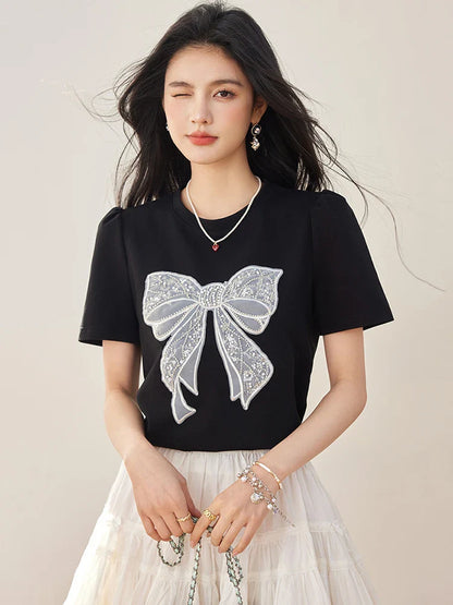 Summer New Sweet Short Sleeved T-shirt Women Fashion Bow Tops Harajuku Casual Simple T-shirt Y2k Top