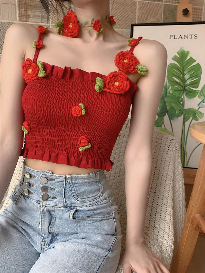 Camis Women 3D Decoration Patchwork Crop Top Slim Design Retro Classic Sexy Basic Korean Style Ulzzang Ins Holiday College Young