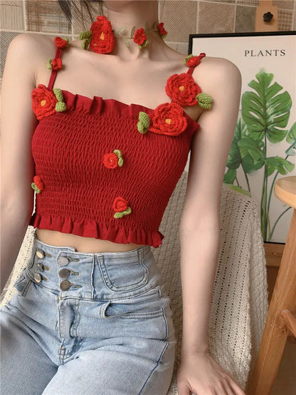 Camis Women 3D Decoration Patchwork Crop Top Slim Design Retro Classic Sexy Basic Korean Style Ulzzang Ins Holiday College Young