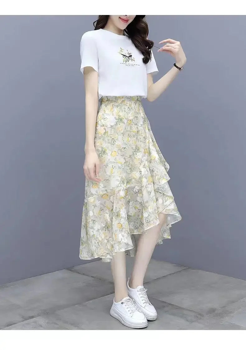 Fashion Printing Irregular Chiffon Skirt Women Summer Thin Slim Elegant Casual Loose All-match Fresh Women's Clothing Skirt