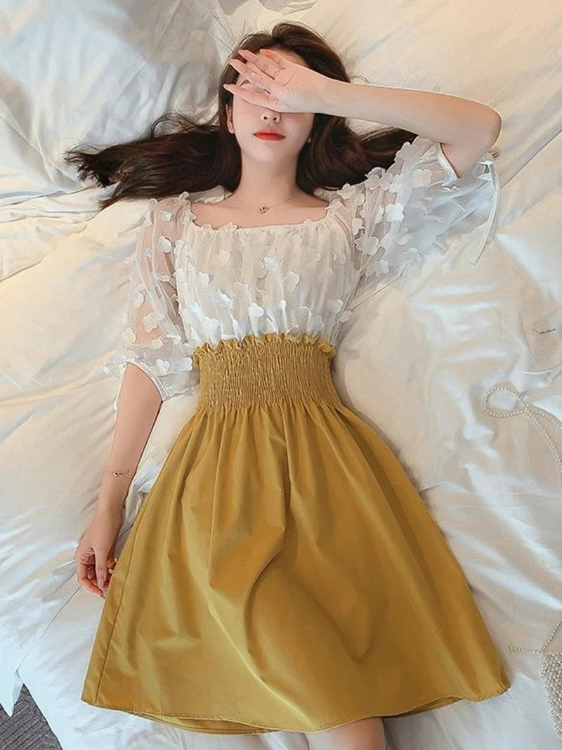 Women Summer French Style Elastic Waist Dress Korean Edition New Splicing Design Slim Half Sleeve Fairy Knee-length Dresses