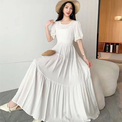 Summer New Cotton Silk Dr Casual High Waist Floral Print Beachwear Outerwear Slimming Waist Long Skirt A-Line Gown