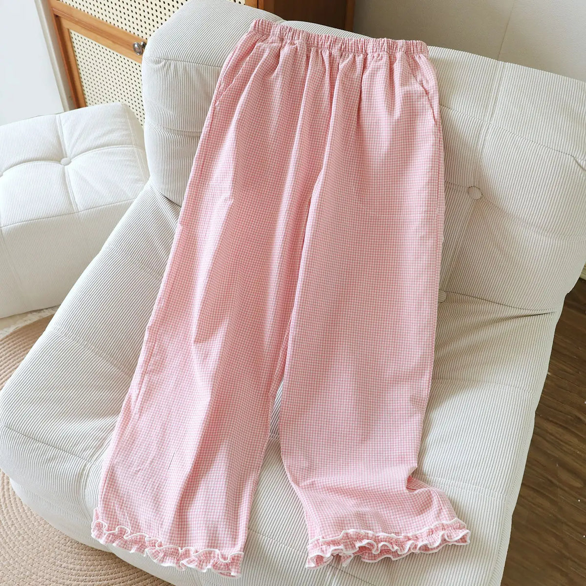 Spring and Summer Thin Loose Size Plaid Design Women's Pajama Pants Elastic Waist Casual Homewear Women Nine-point Trousers (Available)