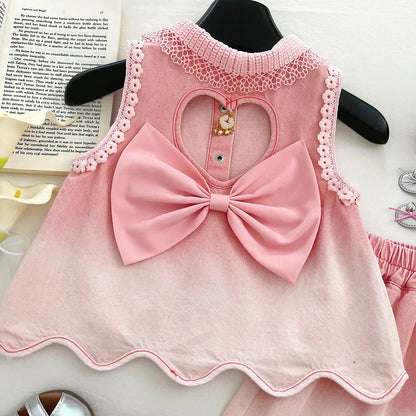 Baby Girls' Denim Suit Summer New Lace Vest Top Shorts Pants Casual and Fashion Kids Outwear Two-piece Set