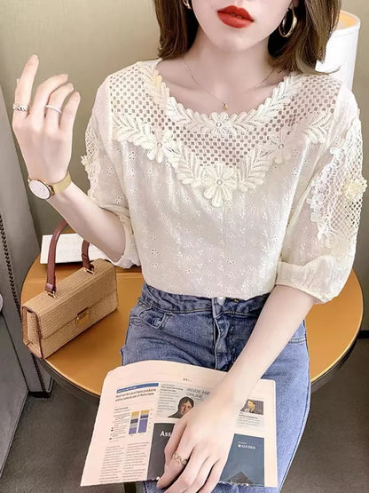 Blouses Women Hollow Out O-neck Half Sleeve Loose Tops Summer Casual Elegant Ladies French Style Daily Trendy
