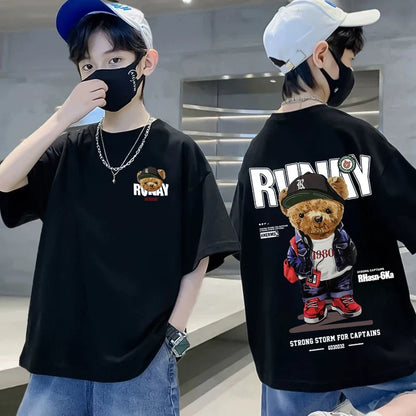 Summer 100% Cotton Boys Blue T-shirt Cool Graffiti Printed Girls Tees Short Sleeve Children Tops High Quality Kids Clothes