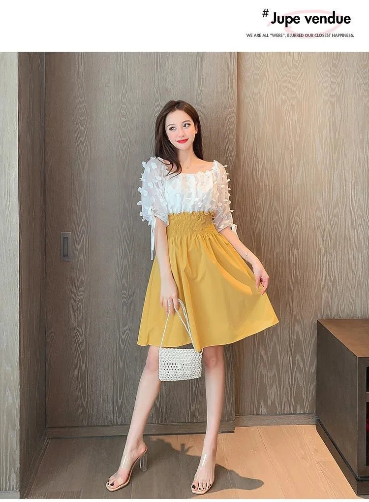 Women Summer French Style Elastic Waist Dress Korean Edition New Splicing Design Slim Half Sleeve Fairy Knee-length Dresses