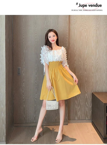 Women Summer French Style Elastic Waist Dress Korean Edition New Splicing Design Slim Half Sleeve Fairy Knee-length Dresses