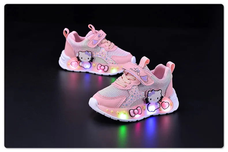 Hello Kitty Led Casual Sneakers for Summer Girls Print Mesh Breathable Shoes Children Lighted Non-Slip Cute Outdoors Sport Shoes
