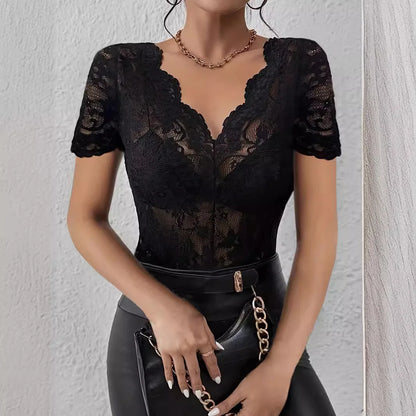 2025 New Arrival Elegant Fan-Shaped V-Neck Solid Color Lace Sexy T-Shirt Slim-Fit Slimming Top for Women Clothing Tops Tees Hot