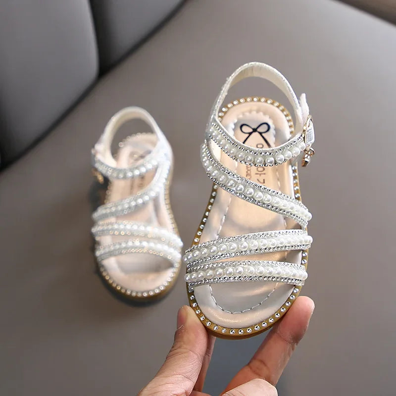 Summer Children's Sandals Korean Style Open-toe Kids Girls Causal Rhinestone Pearl Flats Sandals Fashion Princess Dress Shoes