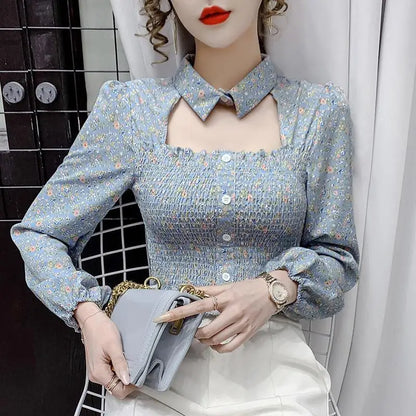 2025 Floral Chiffon Shirt New Spring Summer Women Collect Waist Hollow Out Tops Vintage Blouse Women Longsleeve Short Shirt 3XL