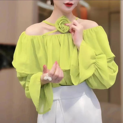 Ele Pure Color One-oulder ort Flared Sve Chiffon Top Women's Korean Sle Spring New Faion Loose Fit Top