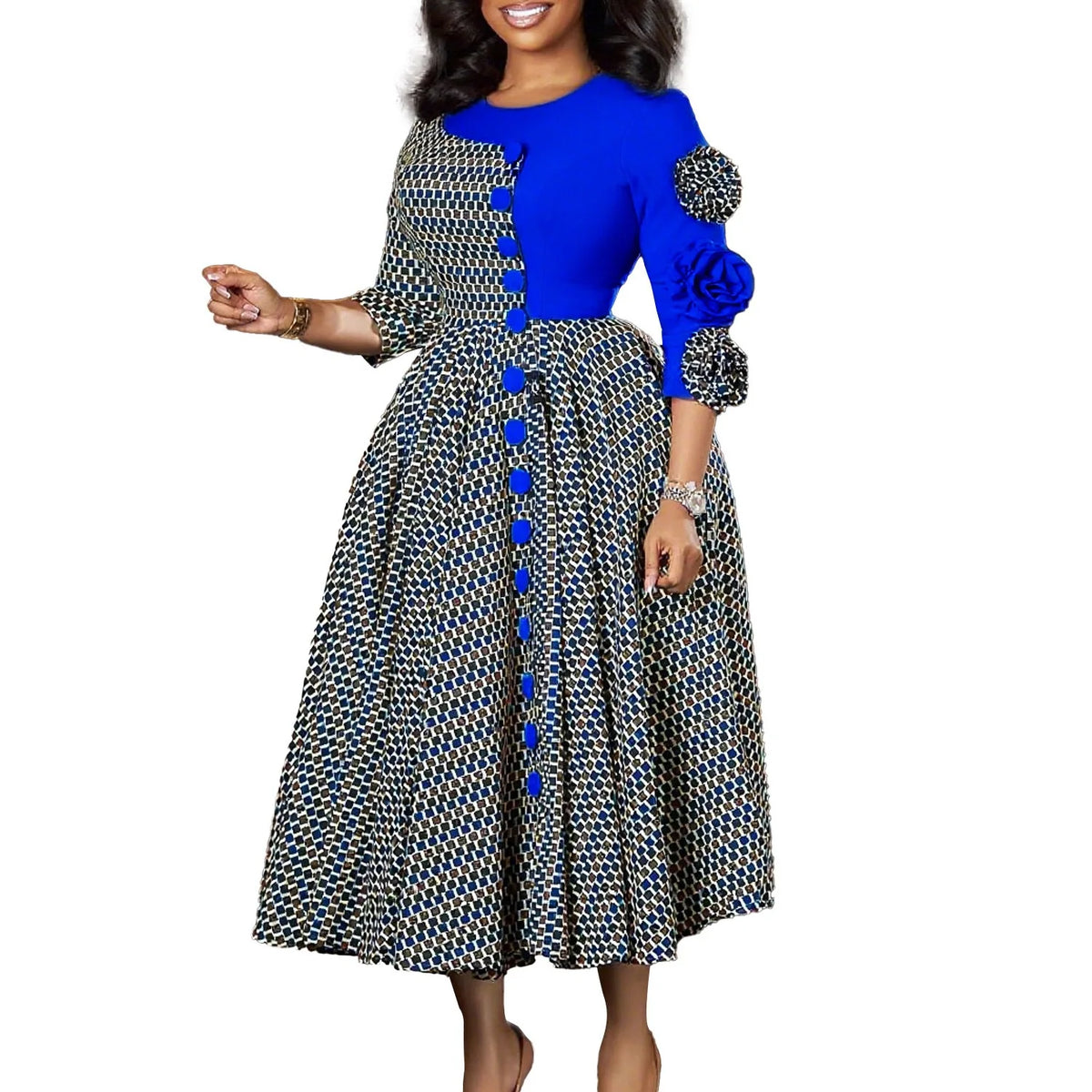 Elegant Dresses for Women O Neck Half Sleeve High Waisted Pleated Mid Calf Fashion Printed Luxury Birthday Party Dinner Dress