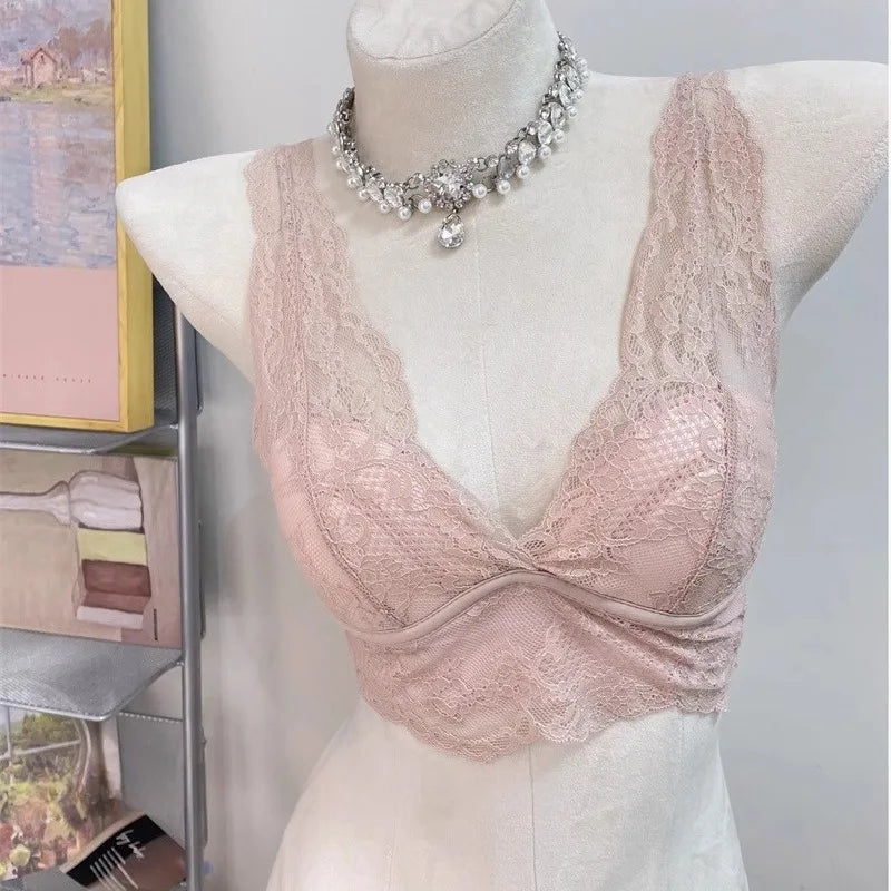 French Lace Lingerie Gathered No Steel Ring Bra Deep V Neck Sexy Wire Free Bras Underwear Tank Tops Padded Camisole Vest