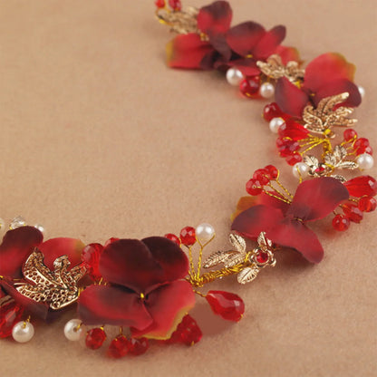 Artificial Flower Hairband Wedding Tiaras For Women Red Floral Pearl Headband Elegant Girls Hair Hoop Bridal Headwear Jewelry