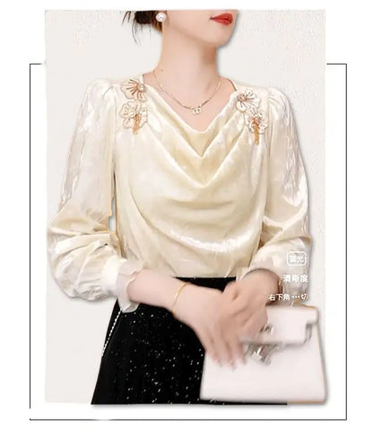 Faionable Floral Patchwork Long Sve irt Women's Winter Luxury Sle Ele Top French Sle Loose Fit Polyester Fiber