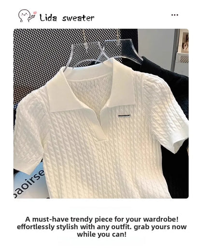 White  irt ort Sve Knitted Top Women's oulder Straight Summer T-irt Commute Sle Korean Version Straight Tube