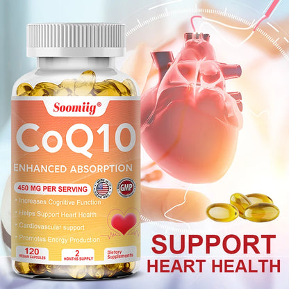 120pcs Q10 Coenzyme 450mg Capsules Cardiovascular and Heart Health Energy Vitamins Beauty and Health, Promote Blood Circulation