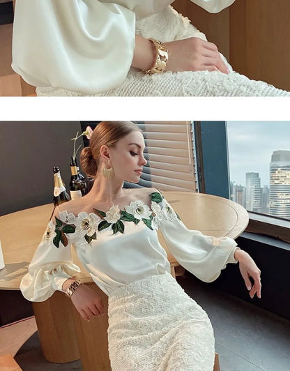 Embroidered Heavy Work Satin Patchwork irt Women's Sle Spring New Arrival Long Sve round Ne Fly Sve Lace Top