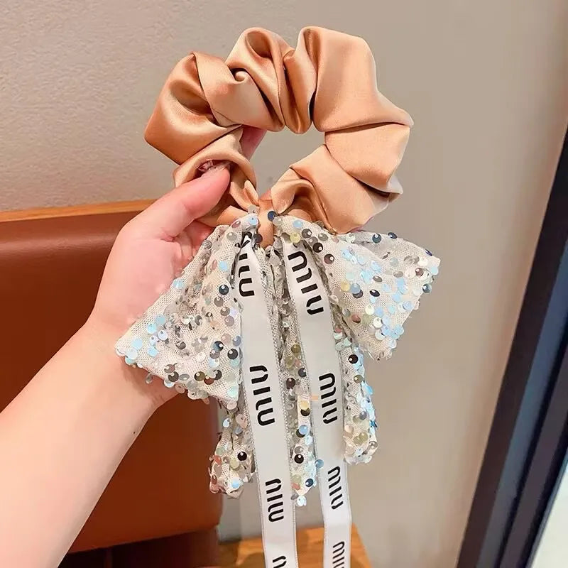 Korean New Fashion Sequins Elastic Hair Bands Elegant Ribbon Hair Ties  New Headwear Girls Women