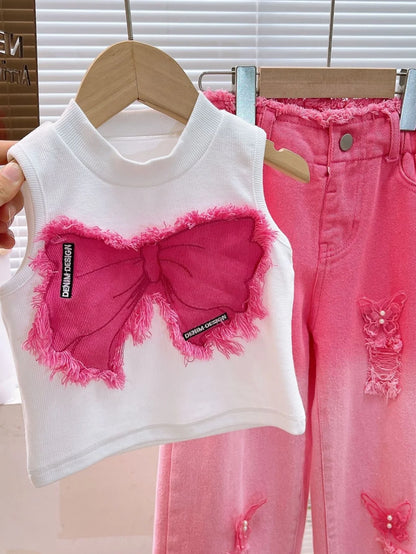 Girls Summer Outfit Set – Sleeveless Bow Top & Gradient Ripped Denim Wide Leg Pants, Fashionable Kids Casual Wear