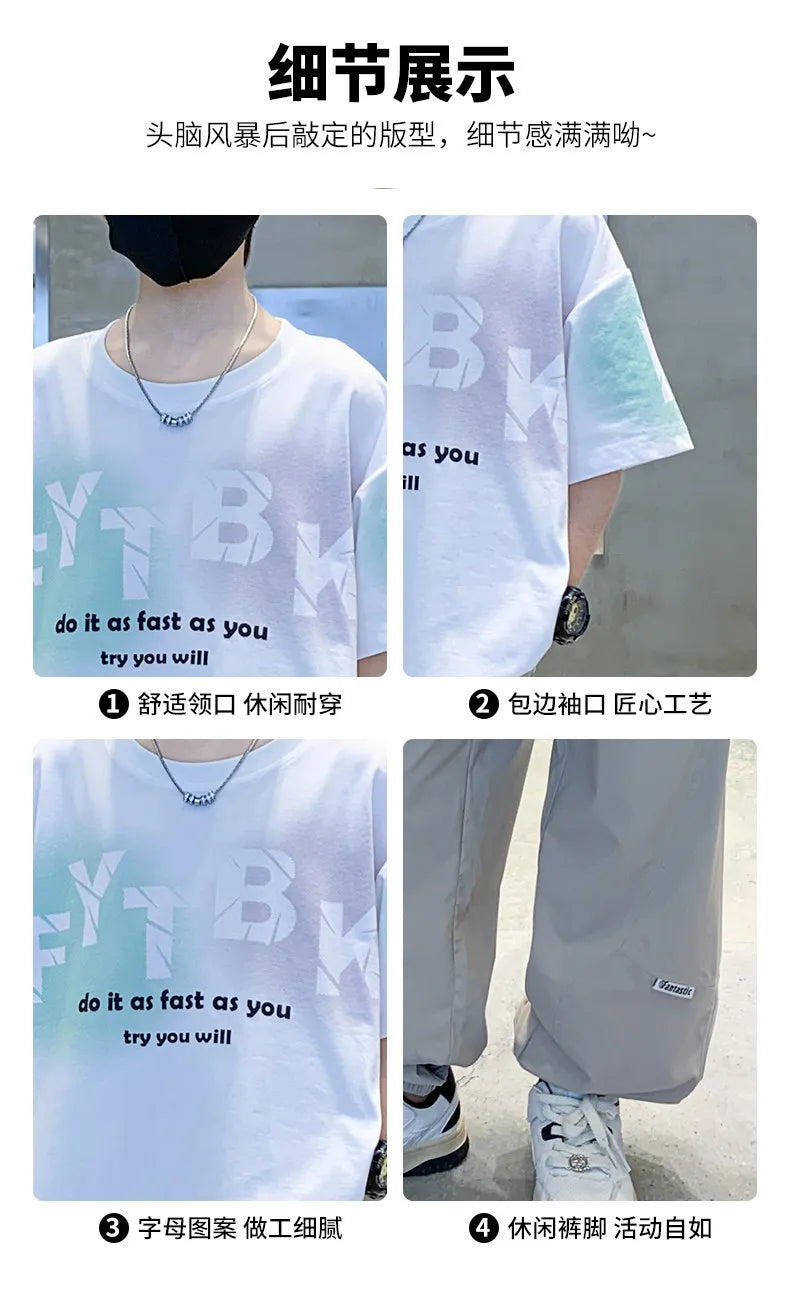 Teenager Boys Clothes Casual Outfit Kids Gradient Tracksuit Child t shirt + ankle tie pant