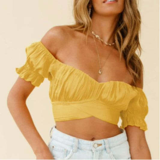 New lantern short sleeved umbilical cord sexy short shirt pleated women's shirt slim fit top for women