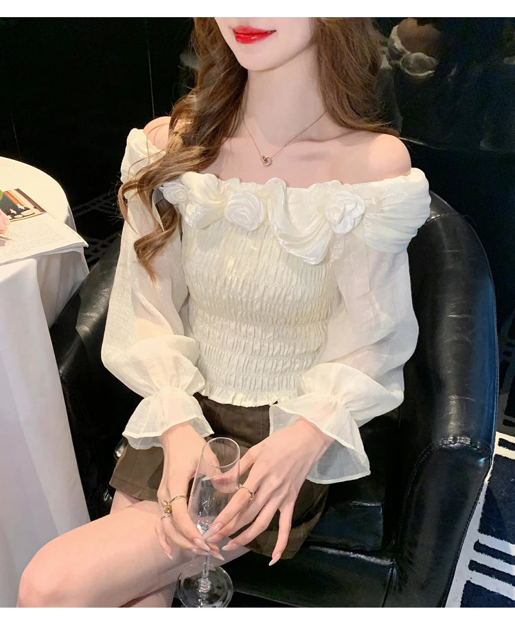 Sweet oulder One-oulder 3D Flower Bell Sve Women's irt Spring New Sle Waist Cinching Beautiful Top Ci Walk ort...