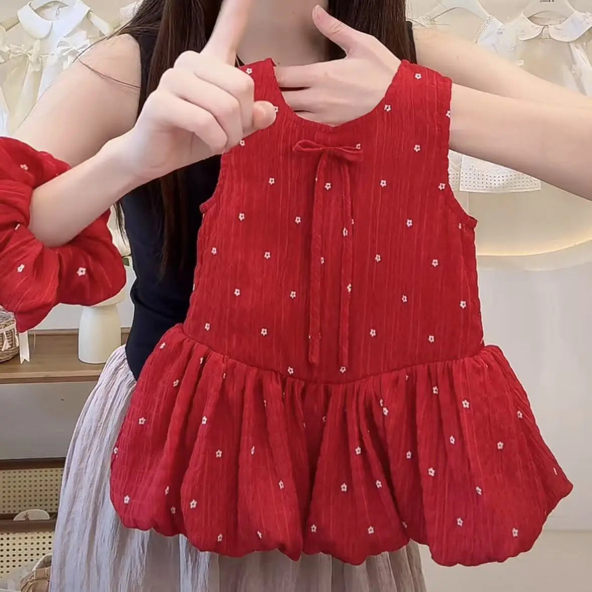 Girls Summer Dresses New Fashionable Casual Daily Sleeveless Floral Print Lightweight Red Bud Dress with Hair Band