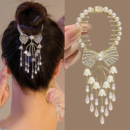 Ladies Butterfly Rhinestone Pearl Metal Hair Claw Round Bun Ponytail Holder