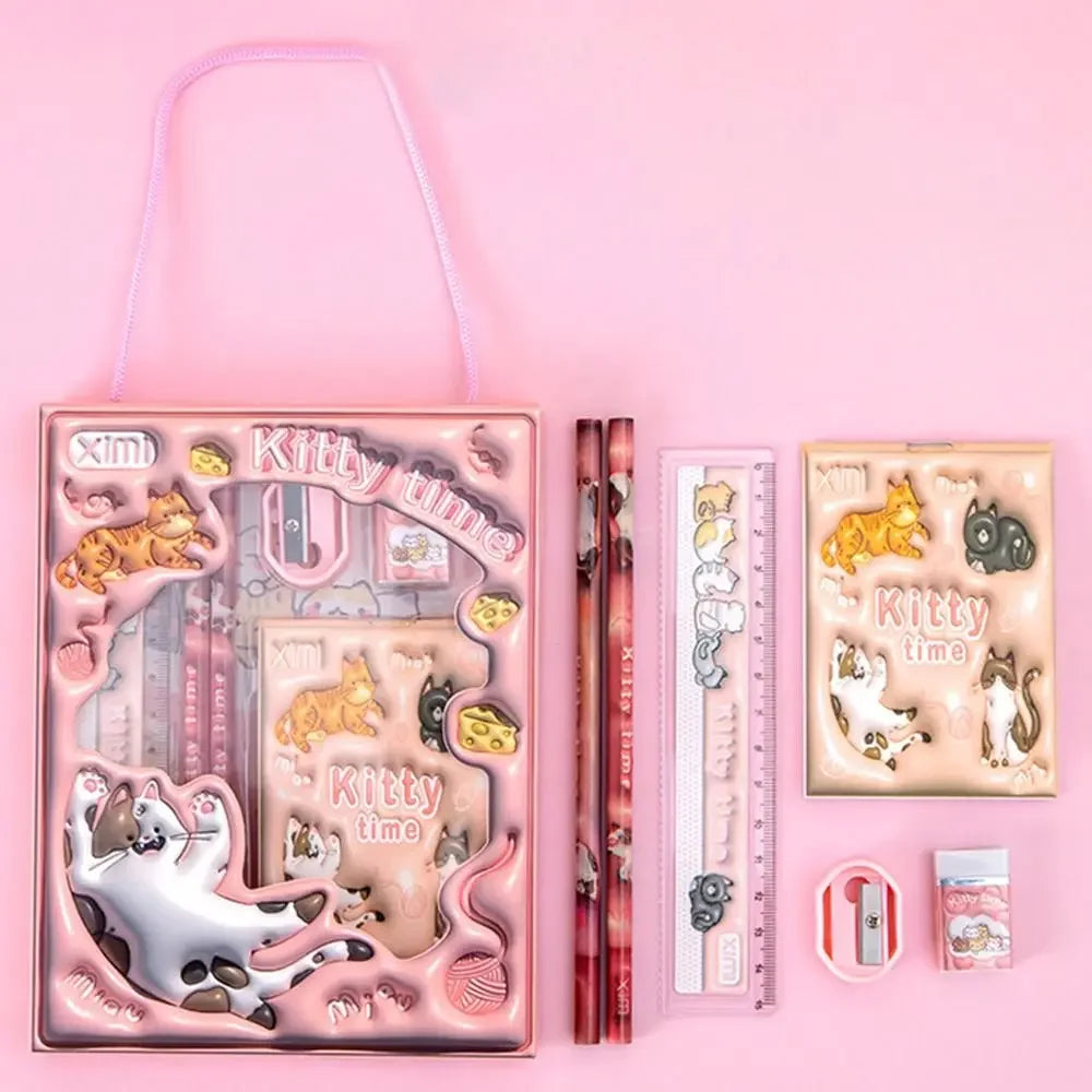 1 Set Cartoon Stationery Set Including Pencil Notebook Ruler Eraser Pencil Sharpener Student School Supplies Stationery Gifts