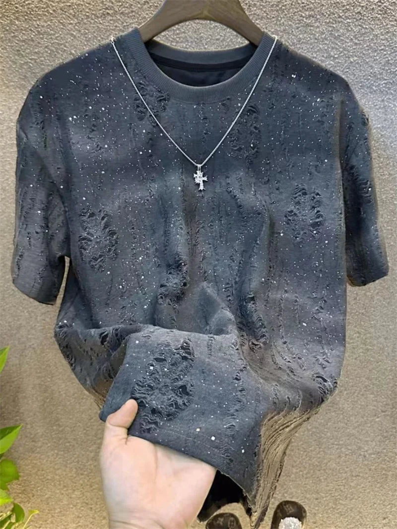 Summer New Round Neck Short Sleeve T Shirt Man Designer Clothes Fashion Men Gradient Colour Sequin T Shirt Camiseta Gym Hombre(Available)