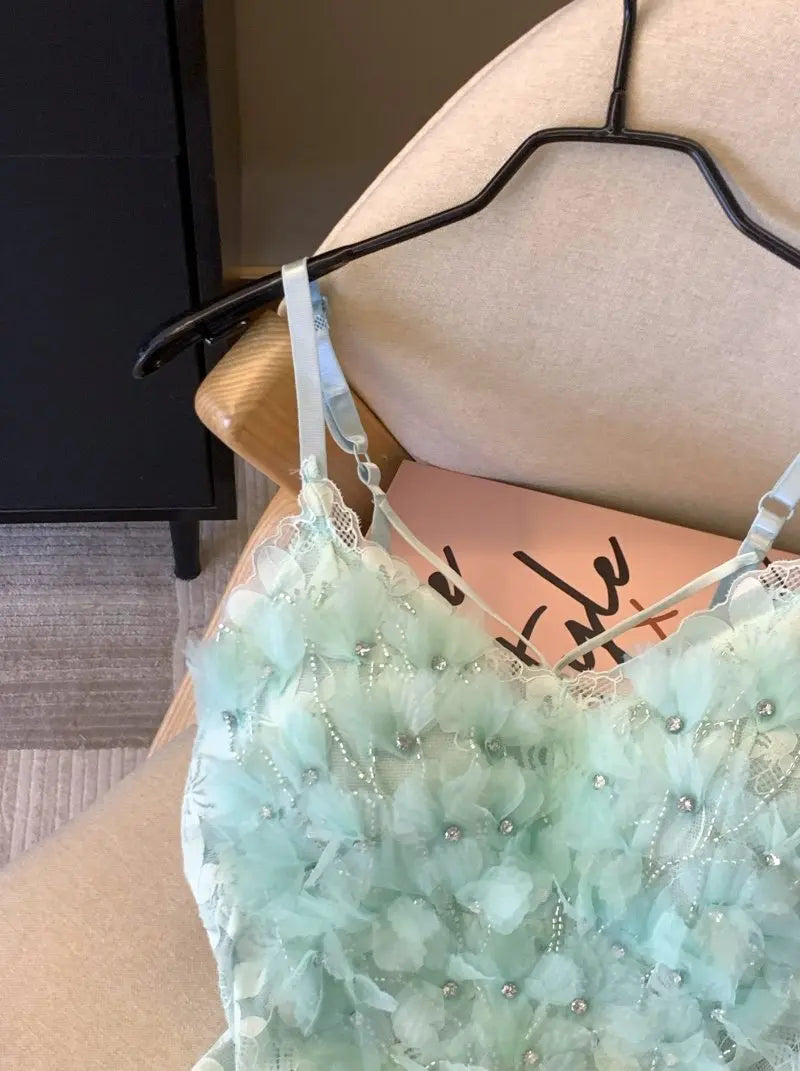 Olivegirl Women's Camis Strap Vest Mint Green Stamping Flower Lace 2026 Spring Summer Sweet Mesh Top with Chest Cushion Bra