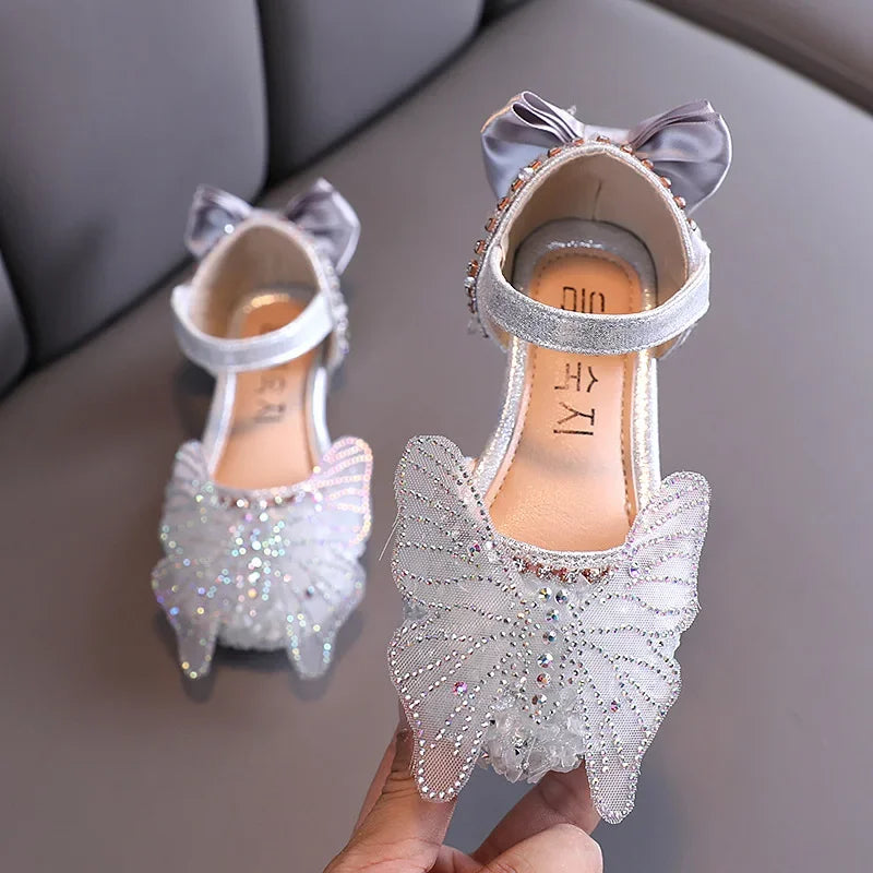 Girls Leather Shoes Children's Lace Butterfly Rhinestone Pearls Beading Performance Single Shoes Fashion Weeding Kids Shoes