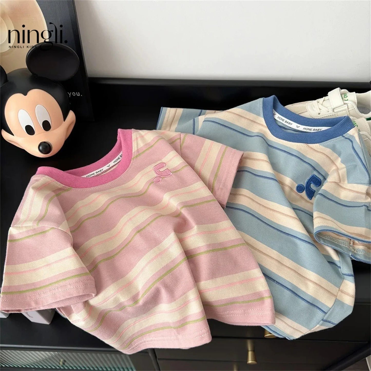Summer Cotton Children Striped Short Sleeved Embroidered T-shirt for Boys and Girls Korean Versatile Short T-shirts Fashion Top