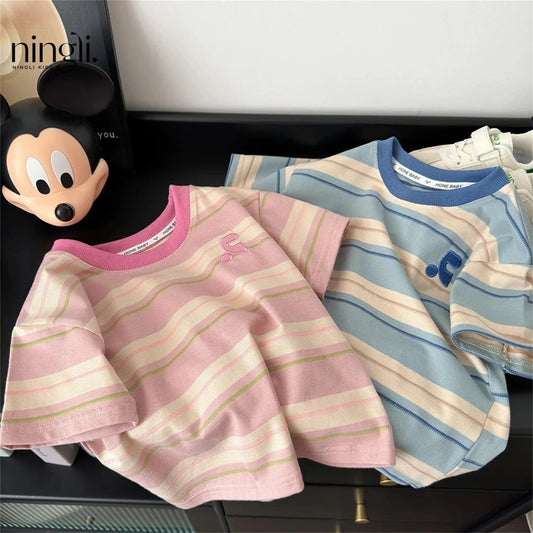 Summer Cotton Children Striped Short Sleeved Embroidered T-shirt for Boys and Girls Korean Versatile Short T-shirts Fashion Top