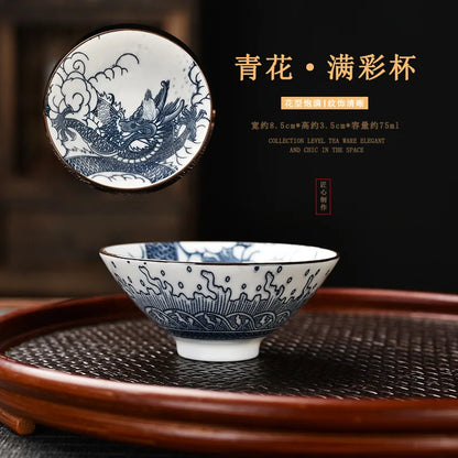 Blue and White Porcelain Cone Teacup Anti Scaling Hand-painted Tasting Tea Bowl Travel Meditation Cup Chinese Tea Set 70ml