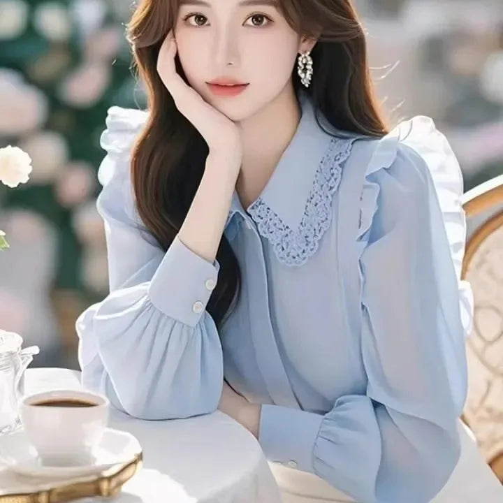 Blue Long Sve irt Women's Faionable Beautiful Top Small Flng Sve Design Spring Sli Good Looking Ele Garment