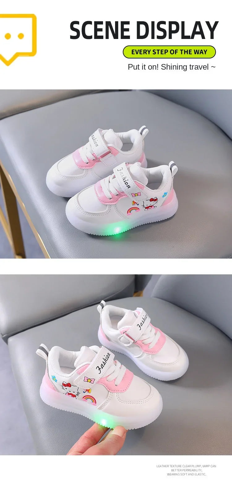 Spring Autumn Baby Girls Hello Kitty Led Light Shoes Children's Sneakers Toddler Anti-slip Walking Shoes Girls Outdoor Shoes