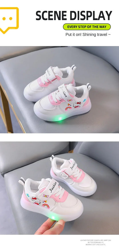 Spring Autumn Baby Girls Hello Kitty Led Light Shoes Children's Sneakers Toddler Anti-slip Walking Shoes Girls Outdoor Shoes