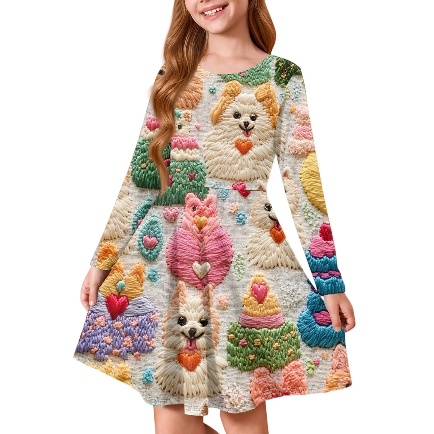 Girl Spring Summer Cozy Dress Exquisite Colorful Pattern Printed Comfortable Dress Girl Daily Casual Long Sleeve A Line Dress