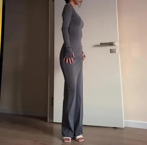 Womens Dresses 2025 Spring Autumn New Fashion Sexy Skinny Hip Hugging Comfortable Solid Color Casual Round Neck Long Dress