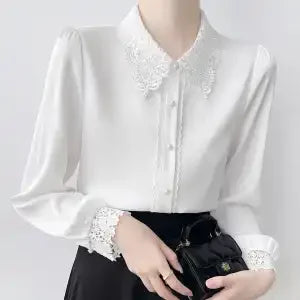 Lapel Lace Hollow Stitching Top Satin Shirt Women's Long-sleeved Temperament Autumn
