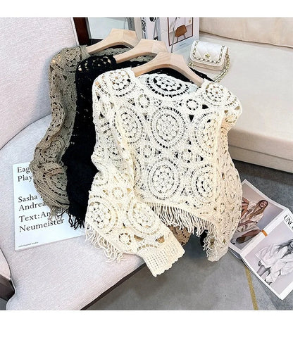 Women Tassel Hook Flower Hollow Out Short Knitting Retro Ethnic Style Round Neck Knitted Female Fashion Loose Top Spring Summer